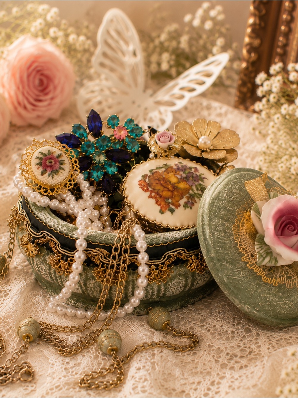 🫖🌸 Vintage Trinket Box Filled with Jewelry